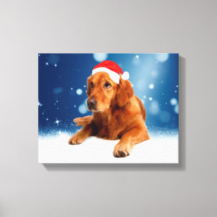 Christmas Cute Golden Retriever Dog Santa Hat Snow Canvas Print