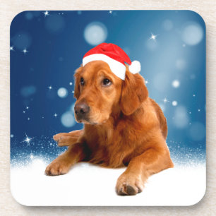 Christmas Cute Golden Retriever Dog Santa Hat Snow Coaster