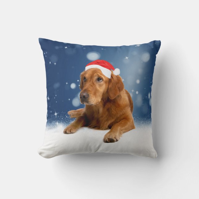 Christmas Cute Golden Retriever Dog Santa Hat Snow Cushion (Front)