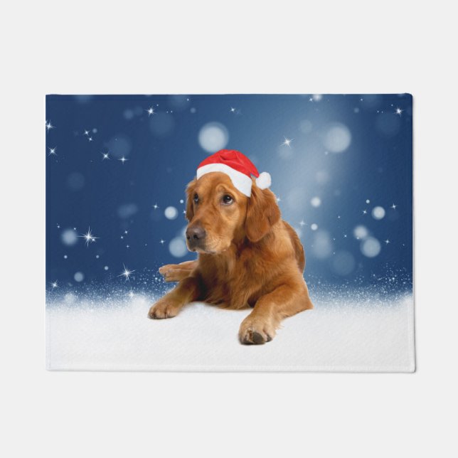 Christmas Cute Golden Retriever Dog Santa Hat Snow Doormat (Front)