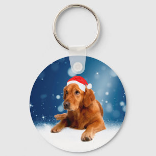 Christmas Cute Golden Retriever Dog Santa Hat Snow Key Ring