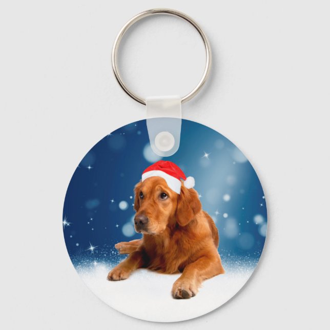 Christmas Cute Golden Retriever Dog Santa Hat Snow Key Ring (Front)