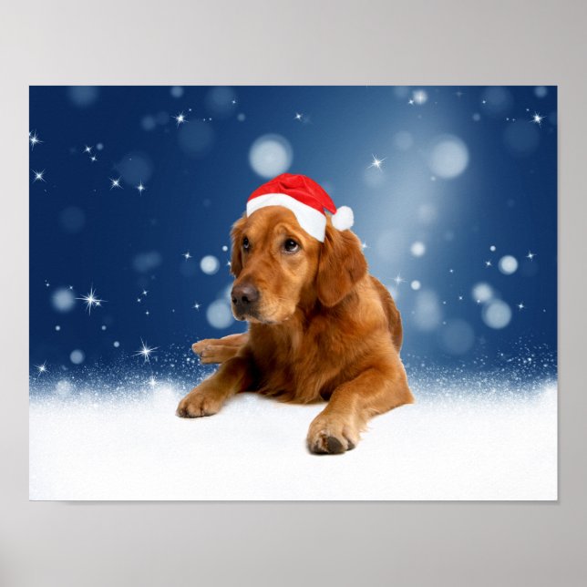 Christmas Cute Golden Retriever Dog Santa Hat Snow Poster (Front)