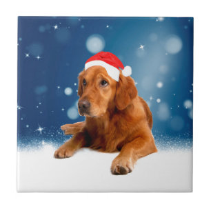 Christmas Cute Golden Retriever Dog Santa Hat Snow Tile