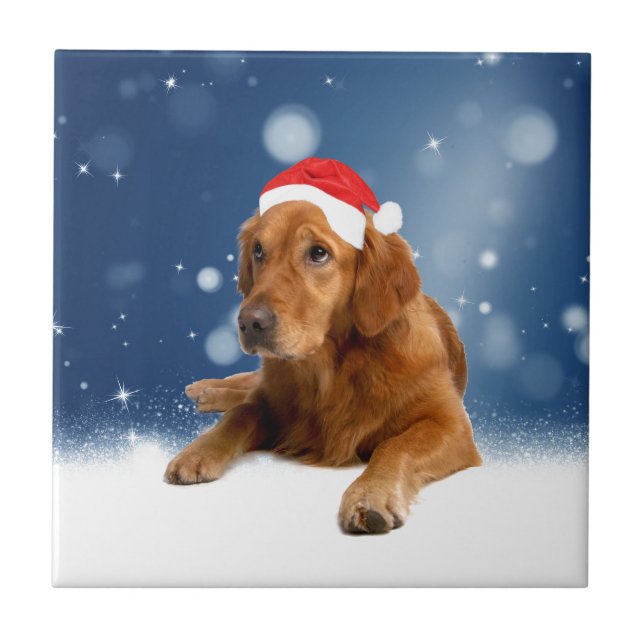 Christmas Cute Golden Retriever Dog Santa Hat Snow Tile (Front)
