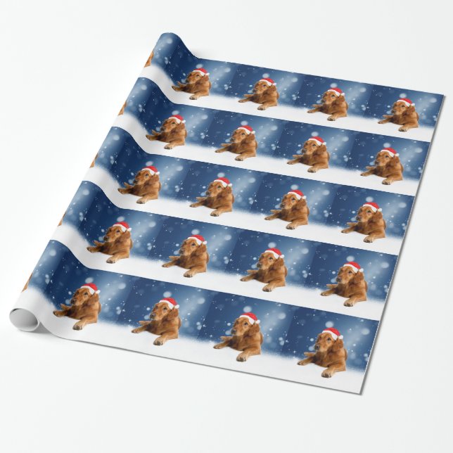 Christmas Cute Golden Retriever Dog Santa Hat Snow Wrapping Paper (Unrolled)