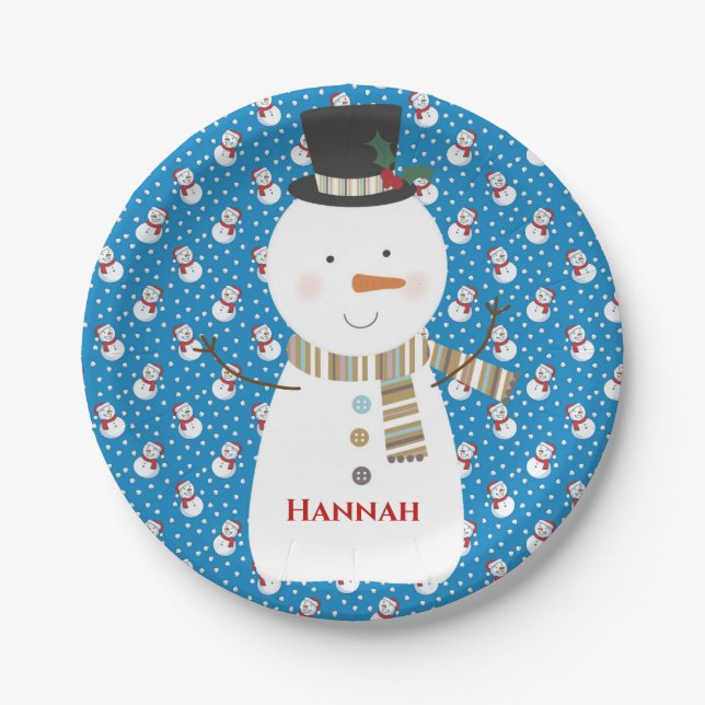 Christmas Cute Happy Cartoon Snowman Paper Plate (Front)