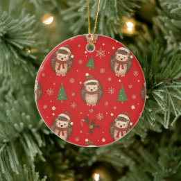 Christmas Cute Hedgehogs Pattern Red Green Ceramic Tree Decoration