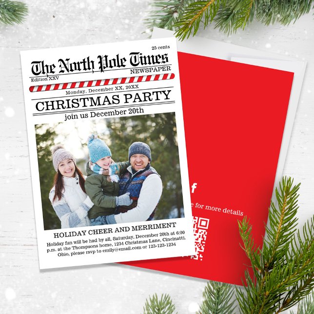 Christmas Cute Holiday Party Newspaper QR Code  Invitation (A Cute fun whimsical Christmas party invitations with a QR code for social media sharing. )