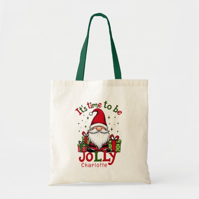 Christmas Cute Jolly Santa Personalised Name Tote Bag (Front)