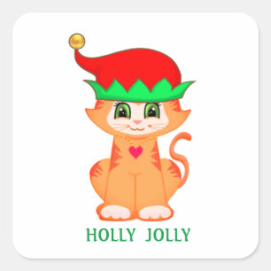 Christmas cute kitty cat elf square sticker