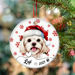 Christmas Cute Maltese Dog Personalised Ceramic Tree Decoration