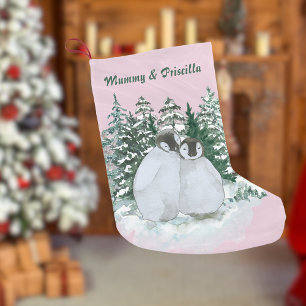 Christmas Cute Mummy & Child Penguin Snow Forest   Small Christmas Stocking