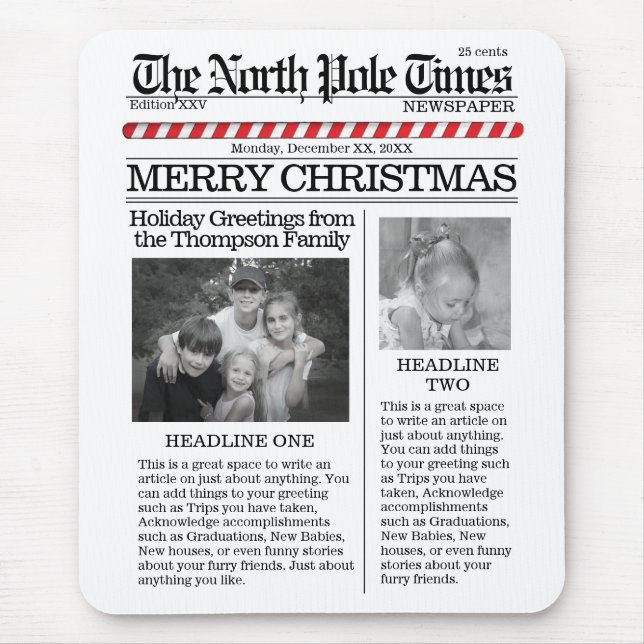 Christmas Cute North Pole Times Newspaper Fun Mouse Mat (Front)
