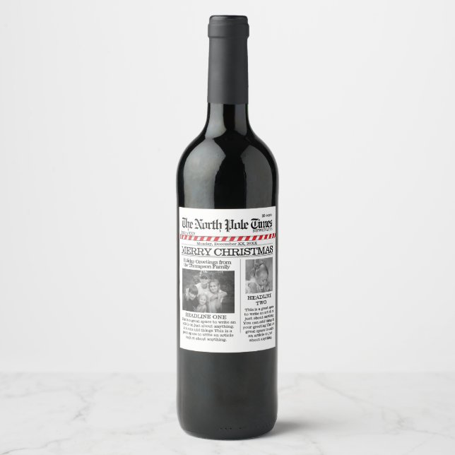 Christmas Cute North Pole Times Newspaper Fun Wine Label (Front)