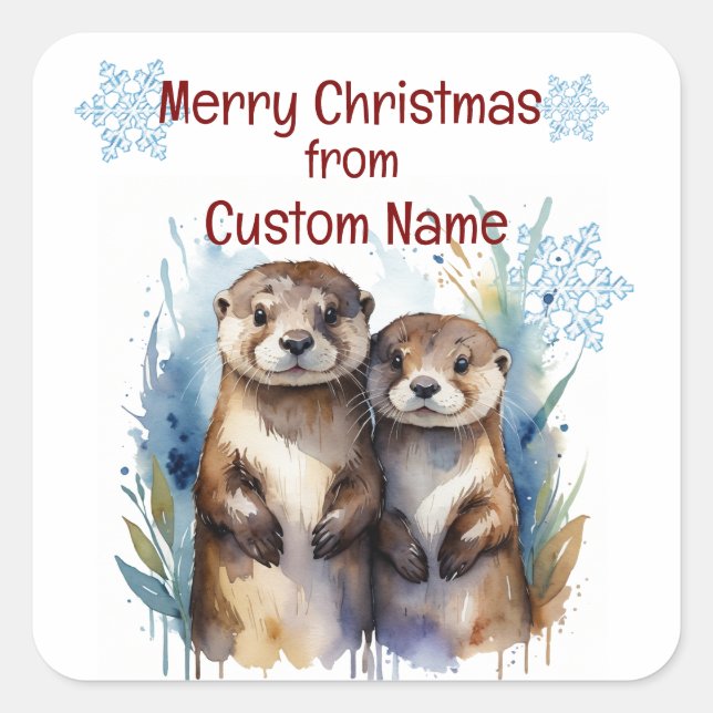 Christmas Cute Otter Couple Animal Customise  Square Sticker (Front)