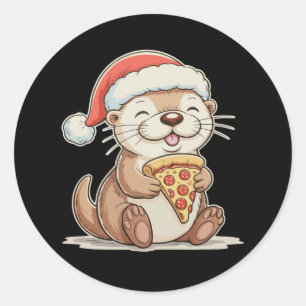Christmas Cute Otter Eating Pizza Xmas Santa Hat Classic Round Sticker
