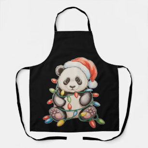 Christmas Cute Panda Xmas Lights Santa Hat Family Apron