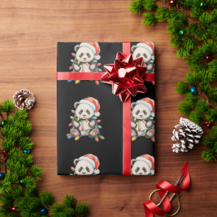 Christmas Cute Panda Xmas Lights Santa Hat Family Wrapping Paper