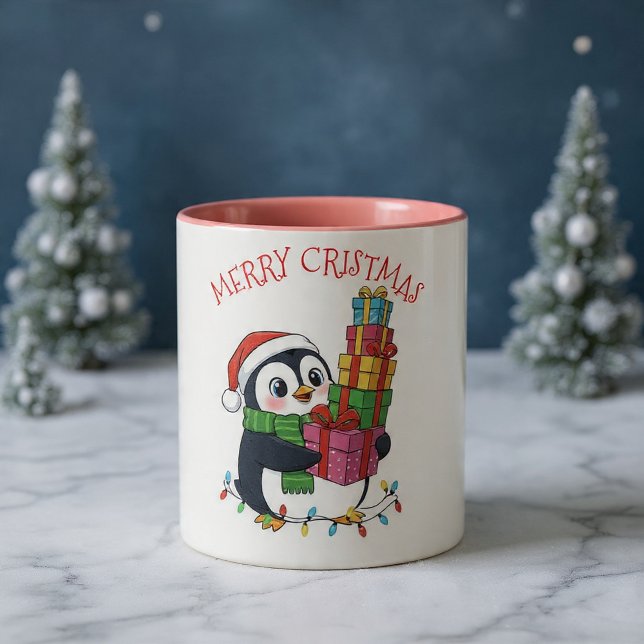 Christmas Cute Penguin Carrying Gifts Two-Tone Coffee Mug (Creator Uploaded)