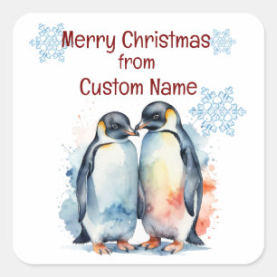 Christmas Cute Penguin Couple Animal Customise  Square Sticker