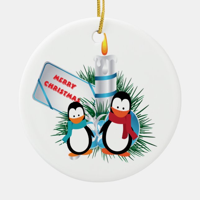 Christmas Cute Penguins And Candle custom ornament (Front)