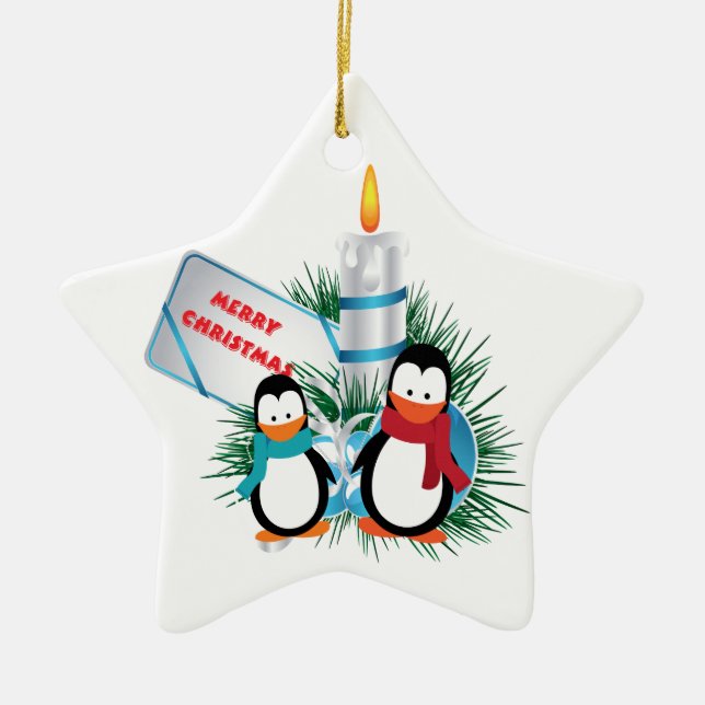 Christmas Cute Penguins And Candle custom ornament (Front)
