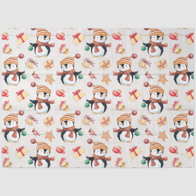 Christmas Cute Penguins Rustic White Wood Presents Tissue Paper (Front)