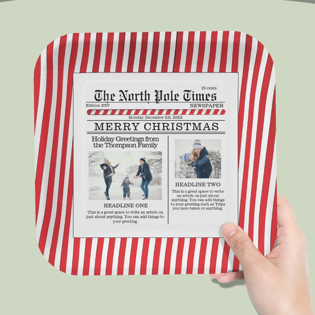 Christmas Cute Photo Collage Simple Newspaper Paper Plate (The North Pole Time whimsical photo custom Square paper plate.)