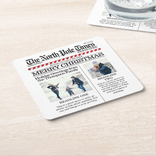 Christmas Cute Photo Collage Simple Newspaper Square Paper Coaster (Angled)