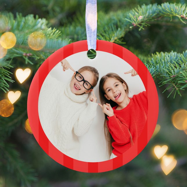 Christmas Cute Photo Red Whimsical Fun  Ceramic Tree Decoration (Simple red striped photo Christmas ornament. )