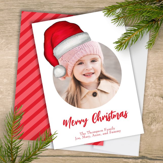 Christmas Cute Photo Whimsical Red White Santa Hat Holiday Card (Merry Christmas cute whimsical photo greeting card with a single photo template. )