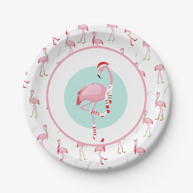 Christmas Cute Pink Flamingo Paper Plate (Front)