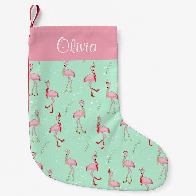 Christmas Cute Pink Flamingo Pattern Small Christmas Stocking (Front)