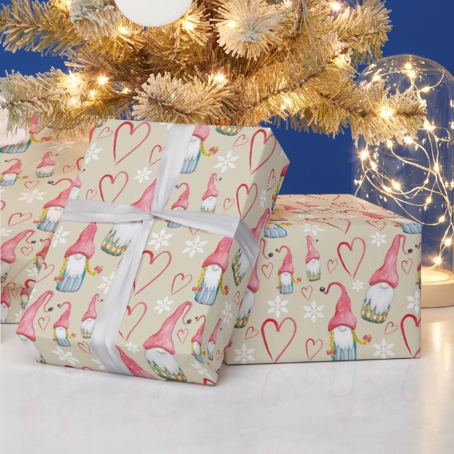 Christmas Cute Pink Gnome Watercolor  Wrapping Paper (Holidays)