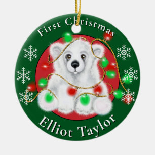 Christmas cute polar bear cub red green lights  ceramic tree decoration