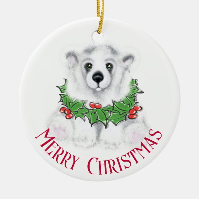 Christmas cute polar bear cub, Santa bear cub  Ceramic Tree Decoration (Front)