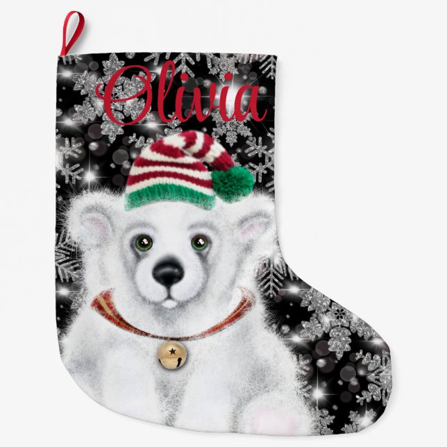 Christmas cute polar bear cub, Santa bear cub  Large Christmas Stocking (Front)