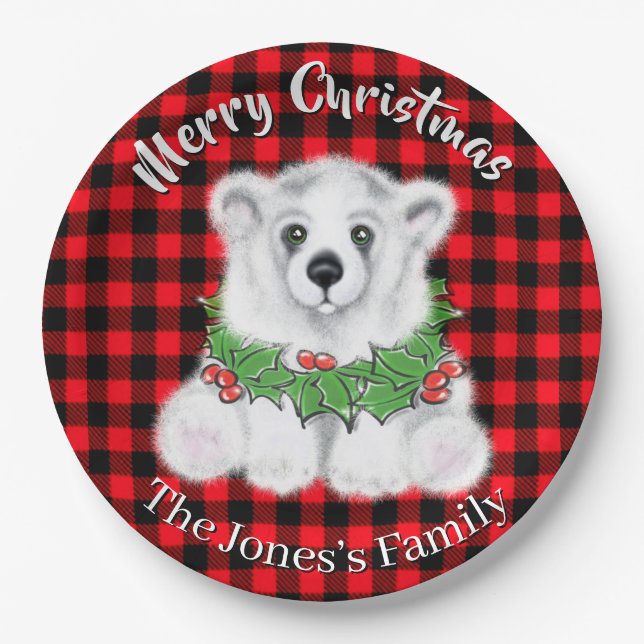 Christmas cute polar bear cub, Santa bear cub  Paper Plate (Front)