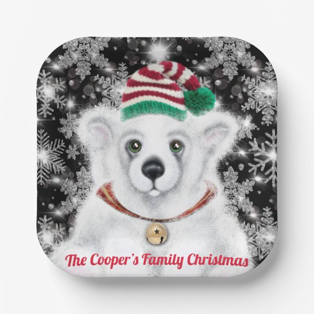 Christmas cute polar bear cub, Santa bear cub  Paper Plate (Front)