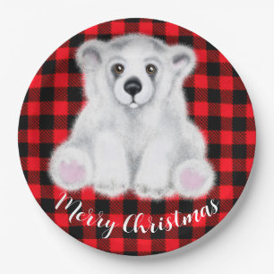 Christmas cute polar bear cub, Santa bear cub     Paper Plate