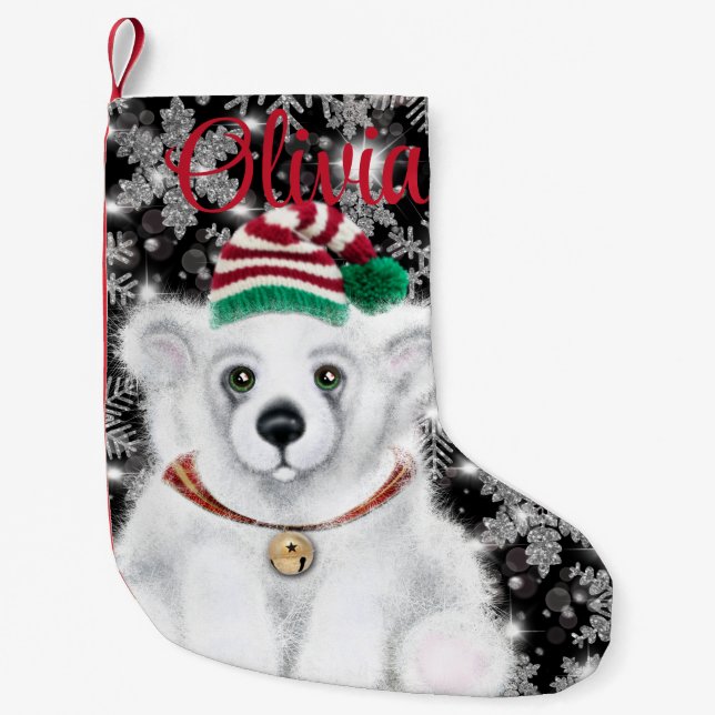 Christmas cute polar bear cub, Santa bear cub  Small Christmas Stocking (Front)