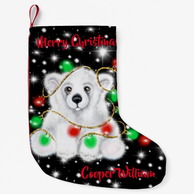 Christmas cute polar bear cub, Santa bear cub  Small Christmas Stocking (Front)