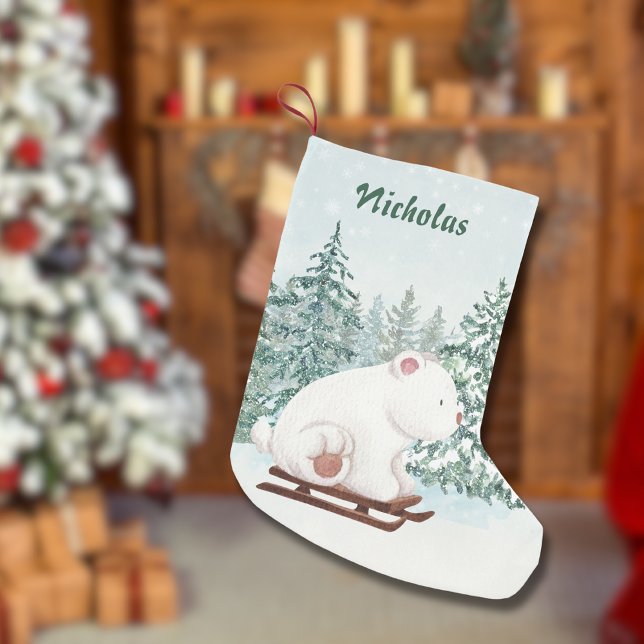 Christmas Cute Polar Bear on Sleigh in Forest Snow Small Christmas Stocking (Creator Uploaded)