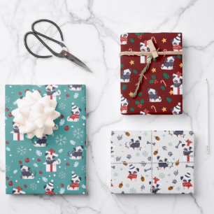 Christmas Cute Pug Dog festive three colours Wrapping Paper Sheet