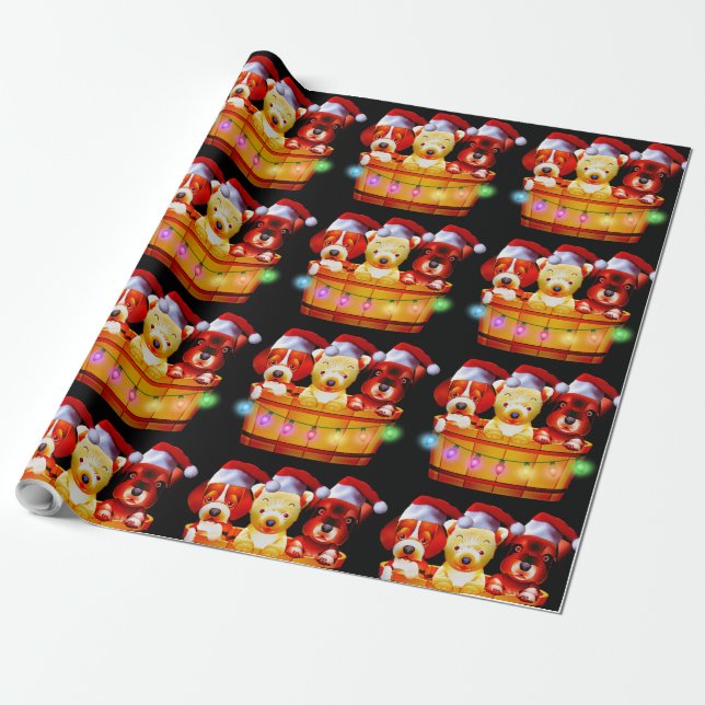 Christmas Cute Puppies On A Bucket Wrapping Paper (Unrolled)
