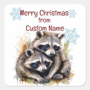 Christmas Cute Racoon Couple Animal  Customise  Square Sticker