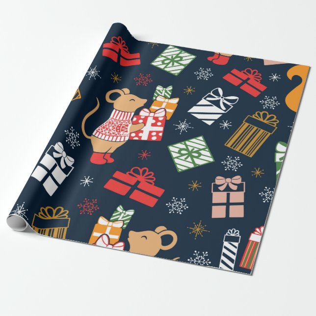 Christmas Cute Rat & Chipmunks Decoration Wrapping Paper (Unrolled)