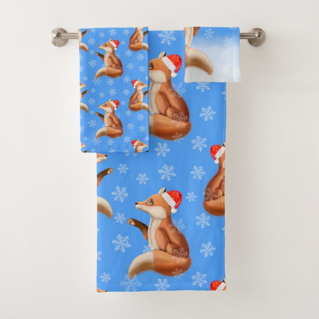 Christmas Cute Red Fox Winter Snow Gift Bath Towel Set (Insitu)