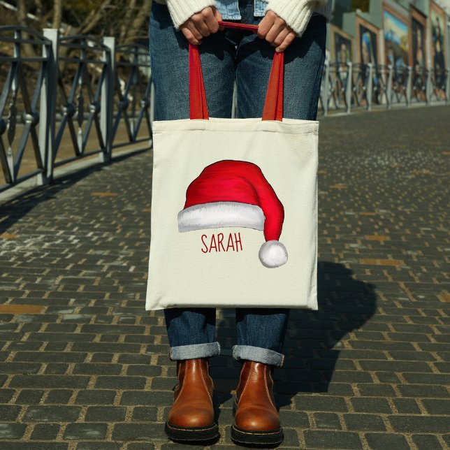 Christmas Cute Red Santa Claus Custom Tote Bag (Red Santa Claus whimsical typography tote bag)